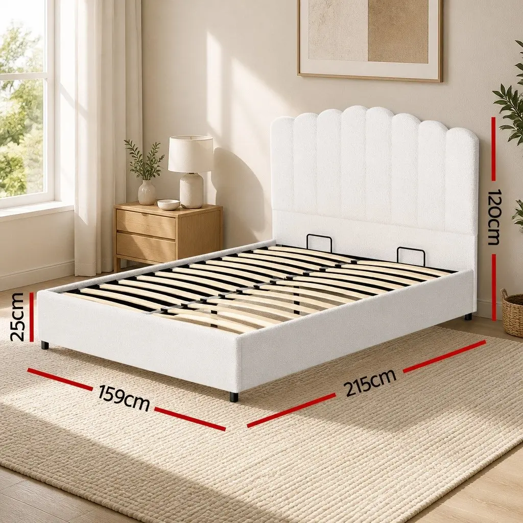 Queen Size Bed Frame Gas Lift Storage Padded Headboard Boucle Upholstered