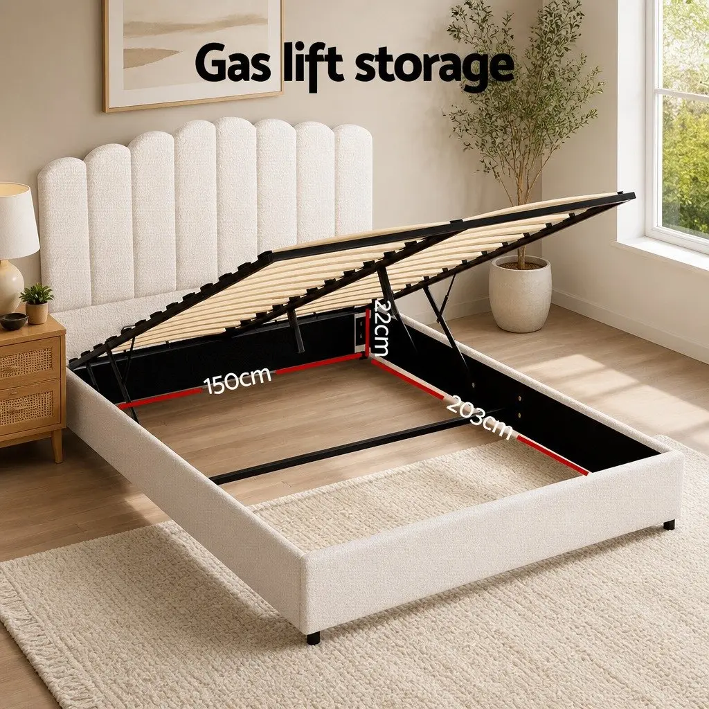 Queen Size Bed Frame Gas Lift Storage Padded Headboard Boucle Upholstered
