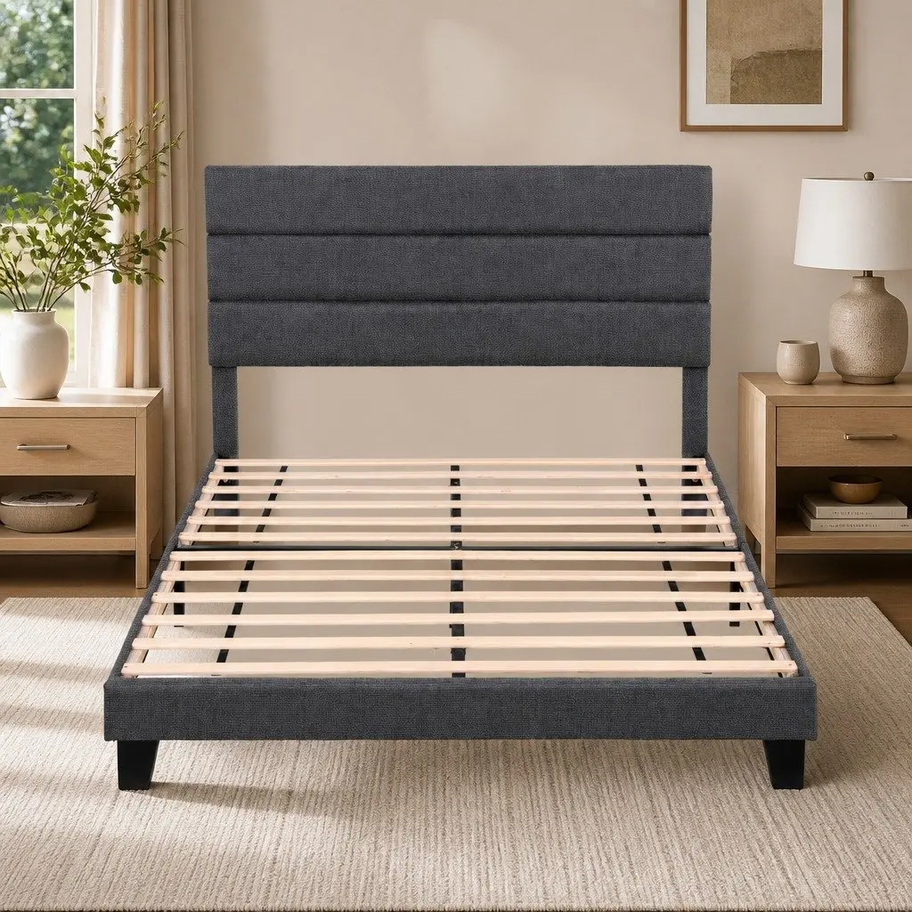 Double Bed Frame Upholstered Platform Base Geometric Headboard Charcoal Grey