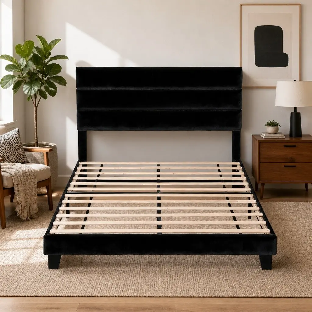 Queen Bed Frame Upholstered Platform Base Geometric Headboard Black Velvet 156W x 209L x 110H cm