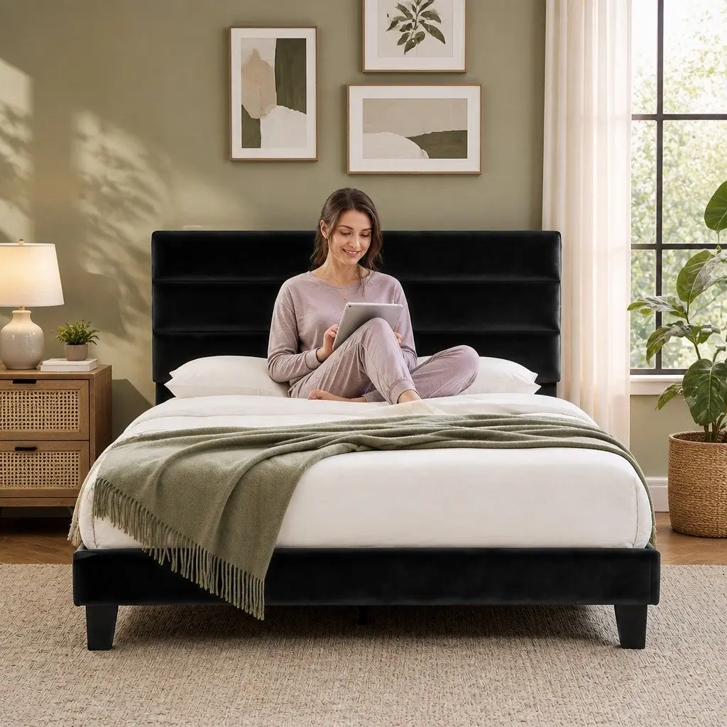 Queen Bed Frame Upholstered Platform Base Geometric Headboard Black Velvet 156W x 209L x 110H cm