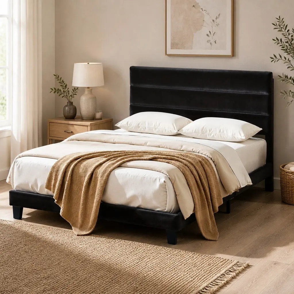 Queen Bed Frame Upholstered Platform Base Geometric Headboard Black Velvet 156W x 209L x 110H cm