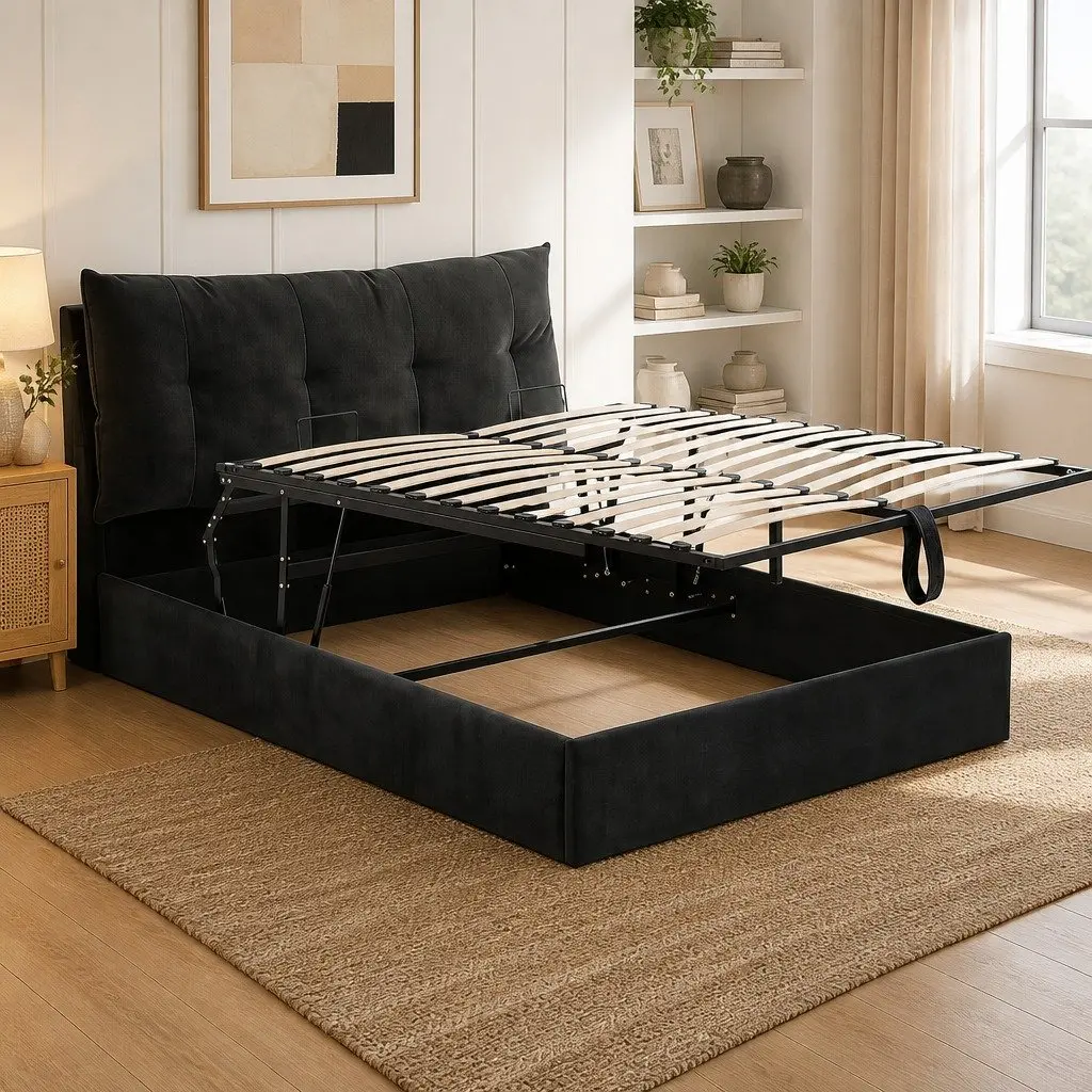 Queen Upholstered Bed Frame with Gas Lift Storage LED Night Light and USB Charging Ports in Black Velvet