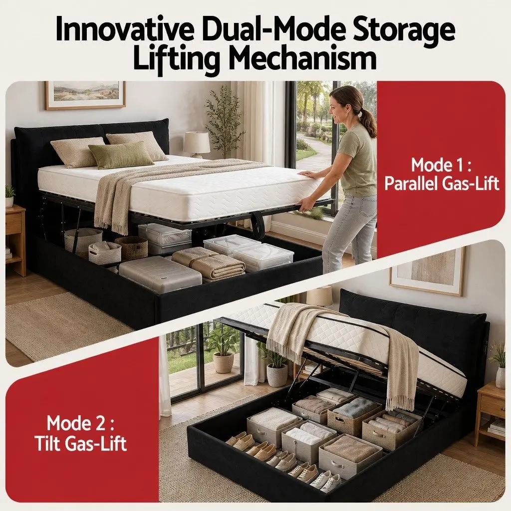 Queen Upholstered Bed Frame with Gas Lift Storage LED Night Light and USB Charging Ports in Black Velvet