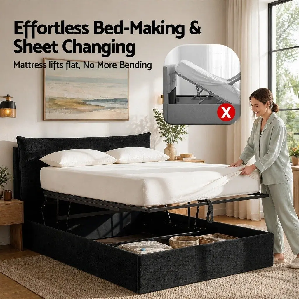 Queen Upholstered Bed Frame with Gas Lift Storage LED Night Light and USB Charging Ports in Black Velvet