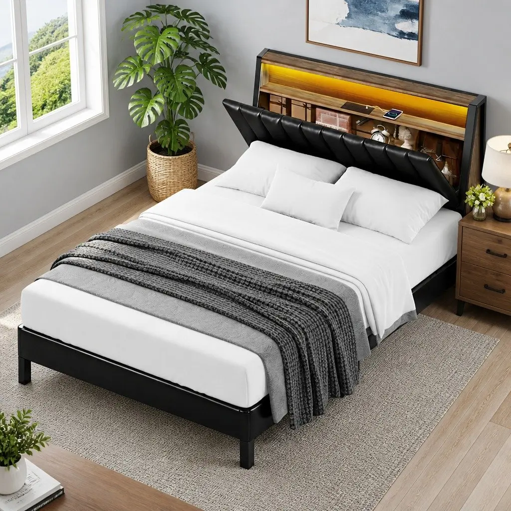 Queen Bed Frame LED Headboard Storage Charging Ports Black 160W x 226L x 110H cm