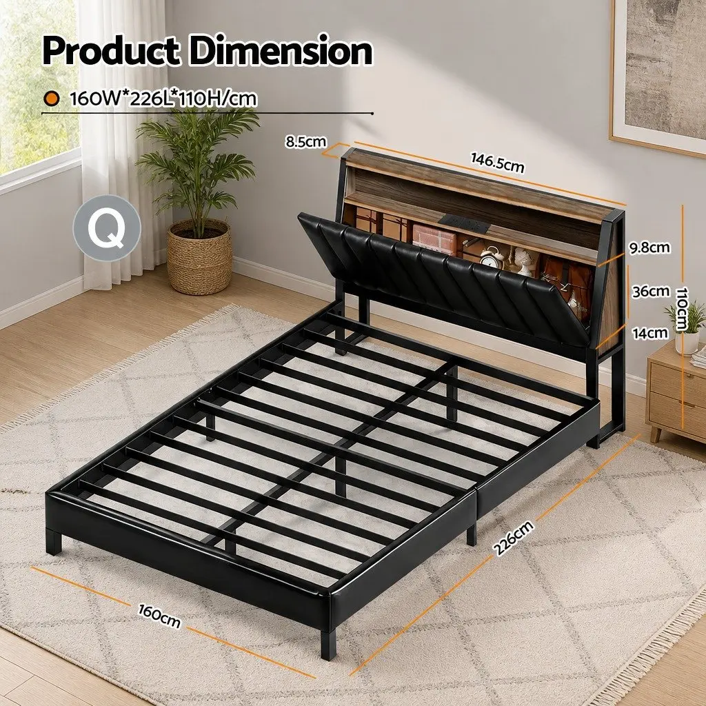 Queen Bed Frame LED Headboard Storage Charging Ports Black 160W x 226L x 110H cm