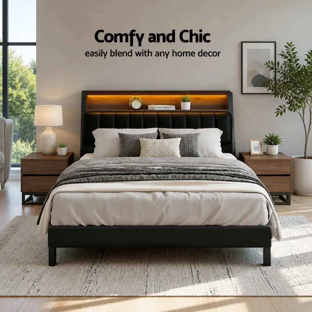 Queen Bed Frame LED Headboard Storage Charging Ports Black 160W x 226L x 110H cm