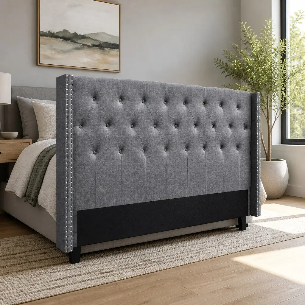 King Size Headboard Grey Fabric Winged Upholstered Button Tufted