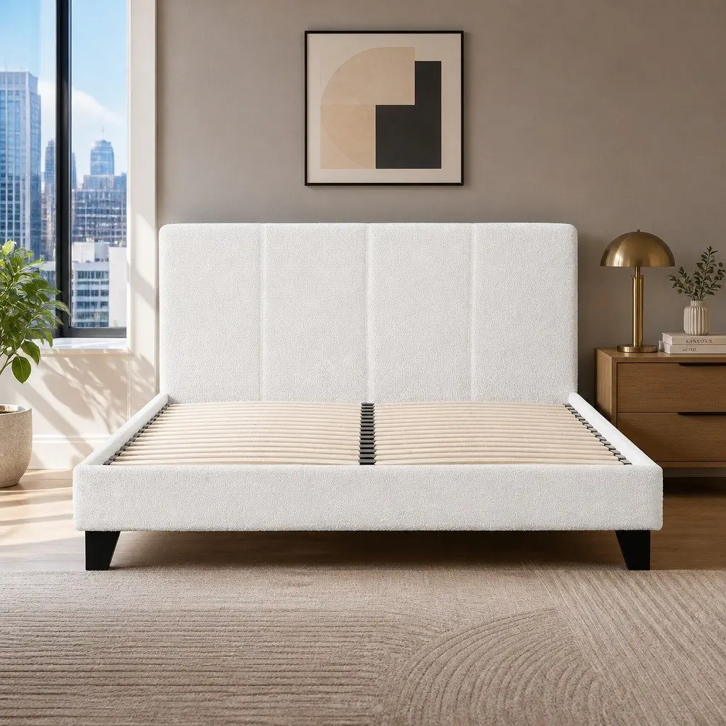 Double Bed Frame Textured Boucle Upholstered White 202cm L x 144cm W x 89cm H