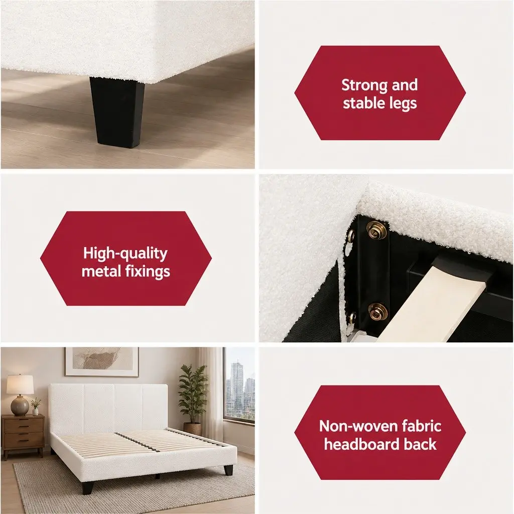Double Bed Frame Textured Boucle Upholstered White 202cm L x 144cm W x 89cm H