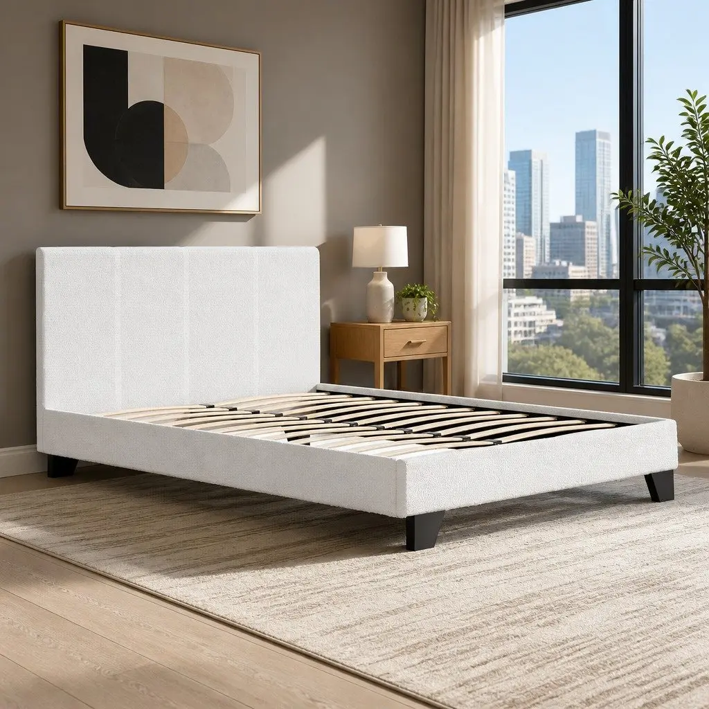 Double Bed Frame Textured Boucle Upholstered White 202cm L x 144cm W x 89cm H