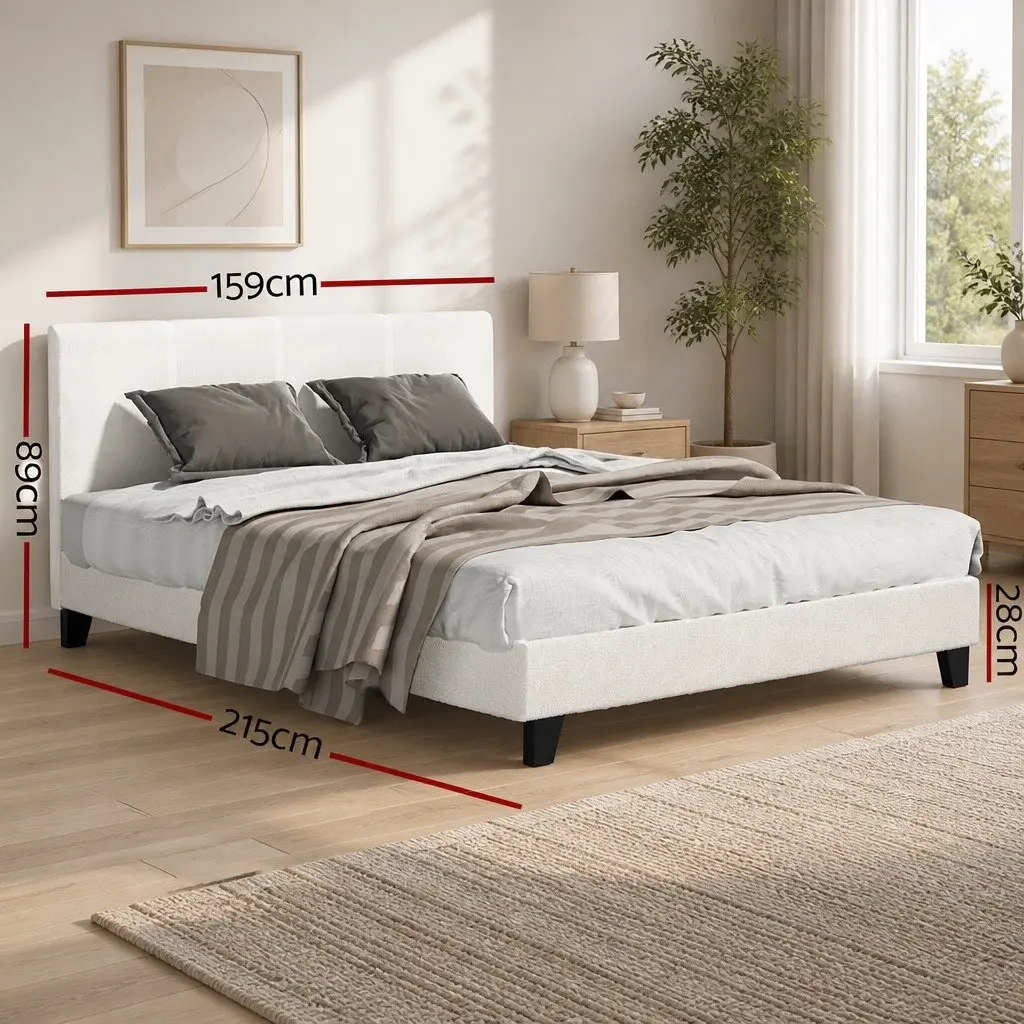 Queen Size Bed Frame Boucle Fabric Upholstered White Bedroom Furniture