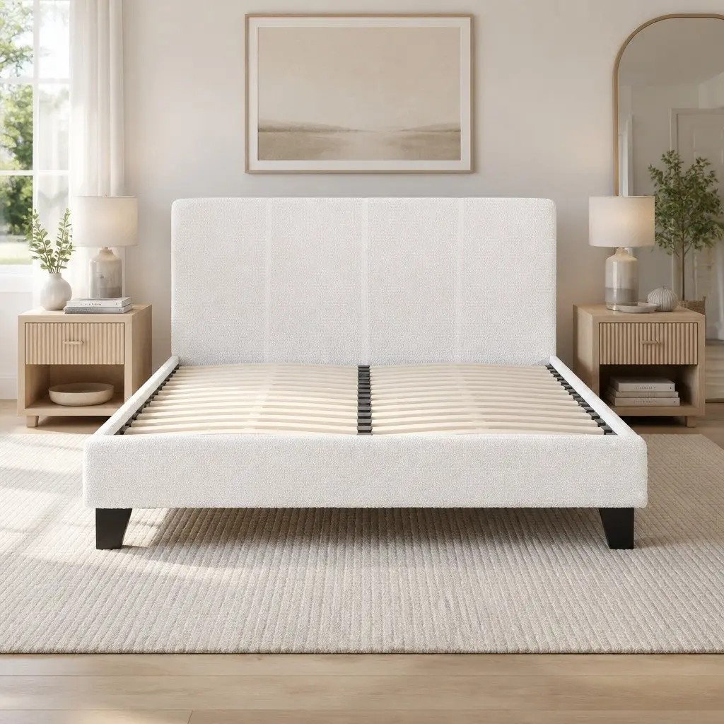 Queen Size Bed Frame Boucle Fabric Upholstered White Bedroom Furniture
