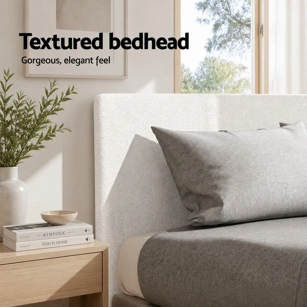 Queen Size Bed Frame Boucle Fabric Upholstered White Bedroom Furniture