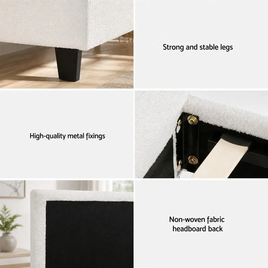 Queen Size Bed Frame Boucle Fabric Upholstered White Bedroom Furniture