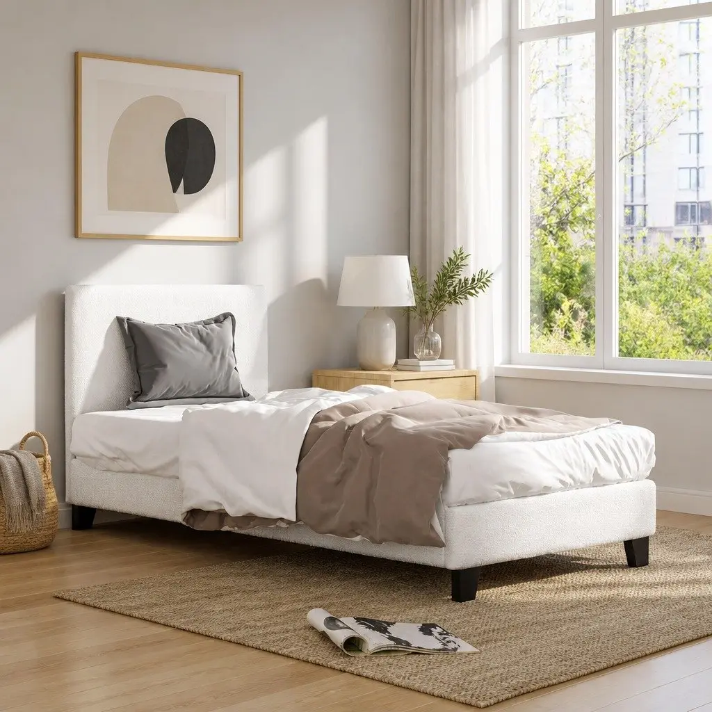 Single Bed Frame White Boucle Upholstered 202cm x 97cm x 89cm