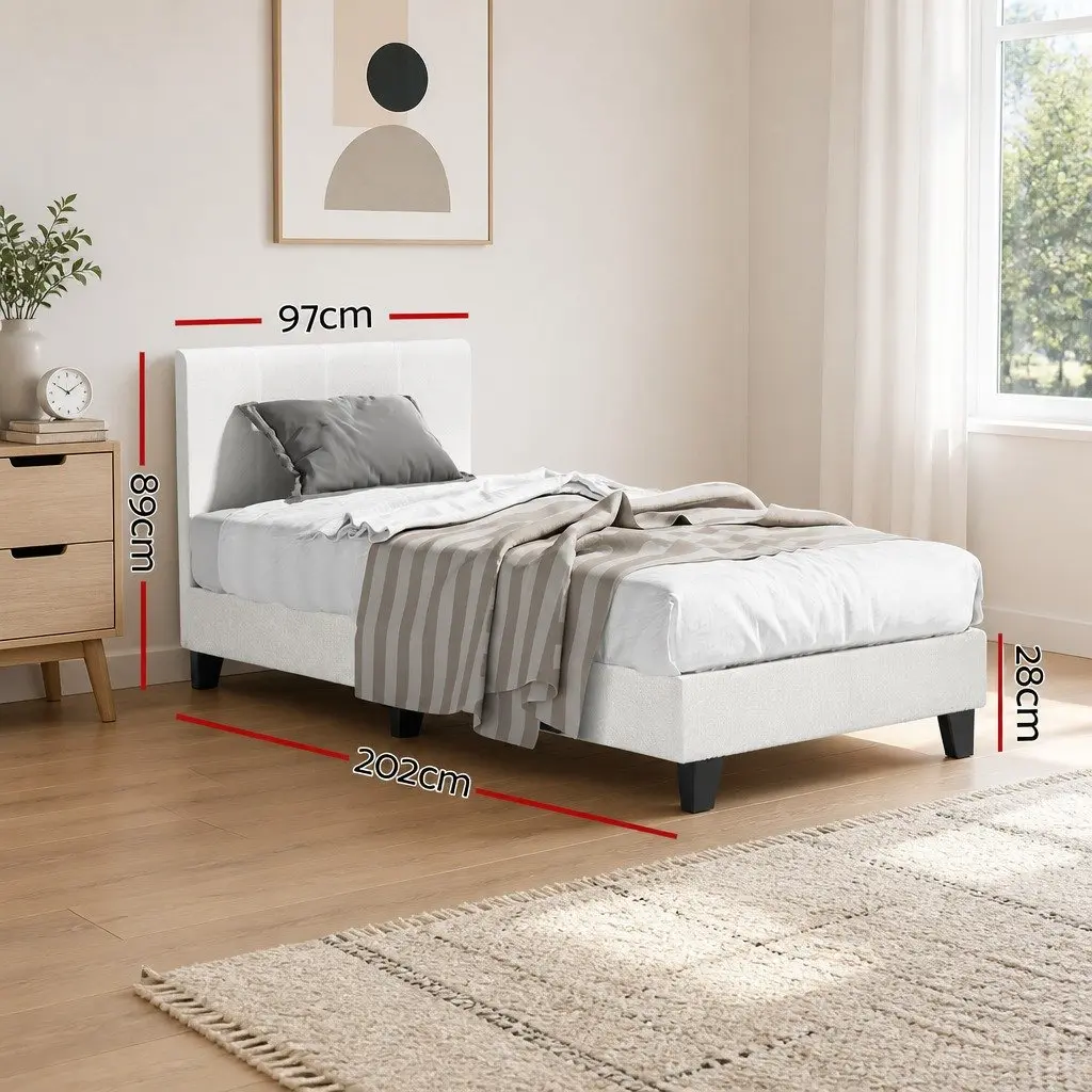 Single Bed Frame White Boucle Upholstered 202cm x 97cm x 89cm