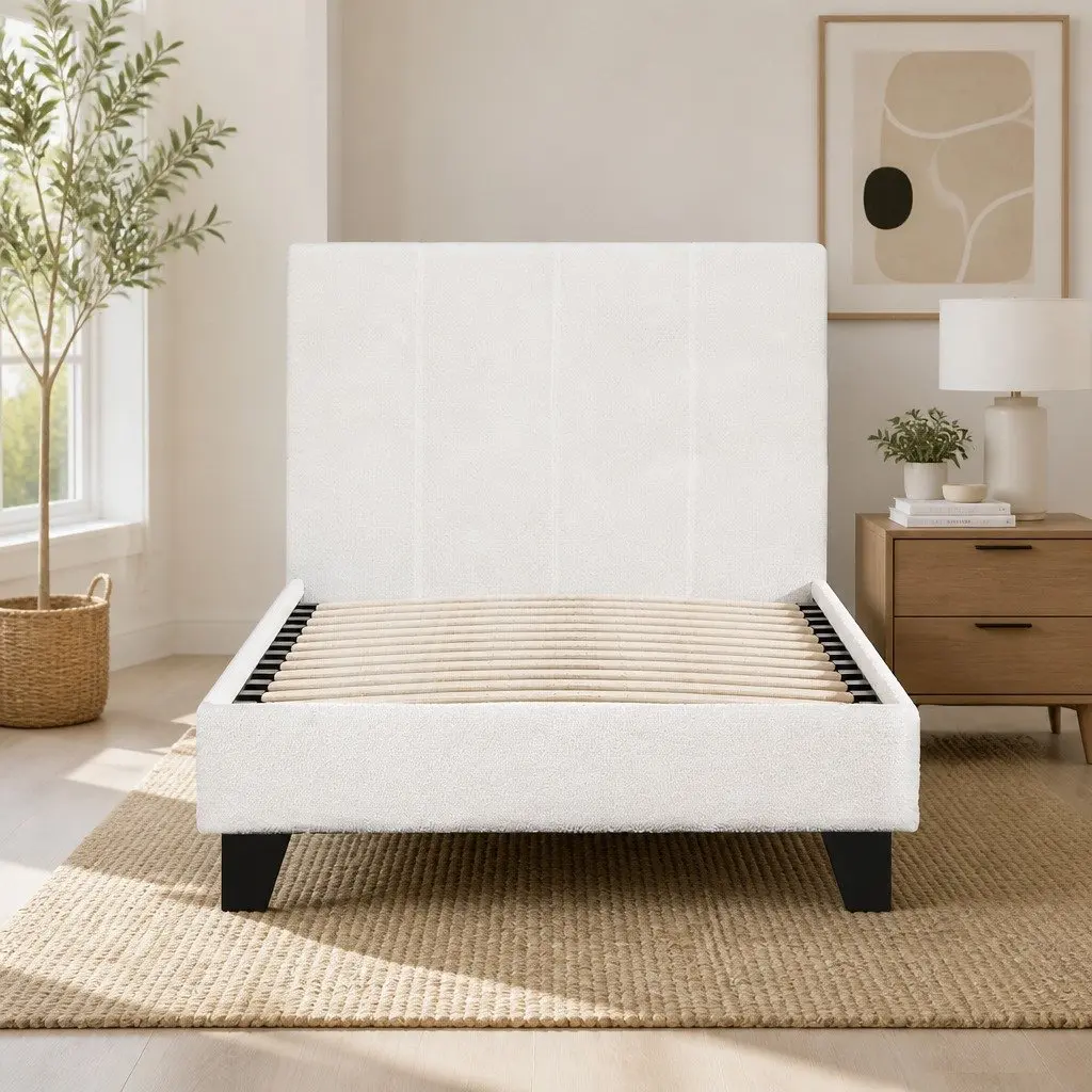 Single Bed Frame White Boucle Upholstered 202cm x 97cm x 89cm