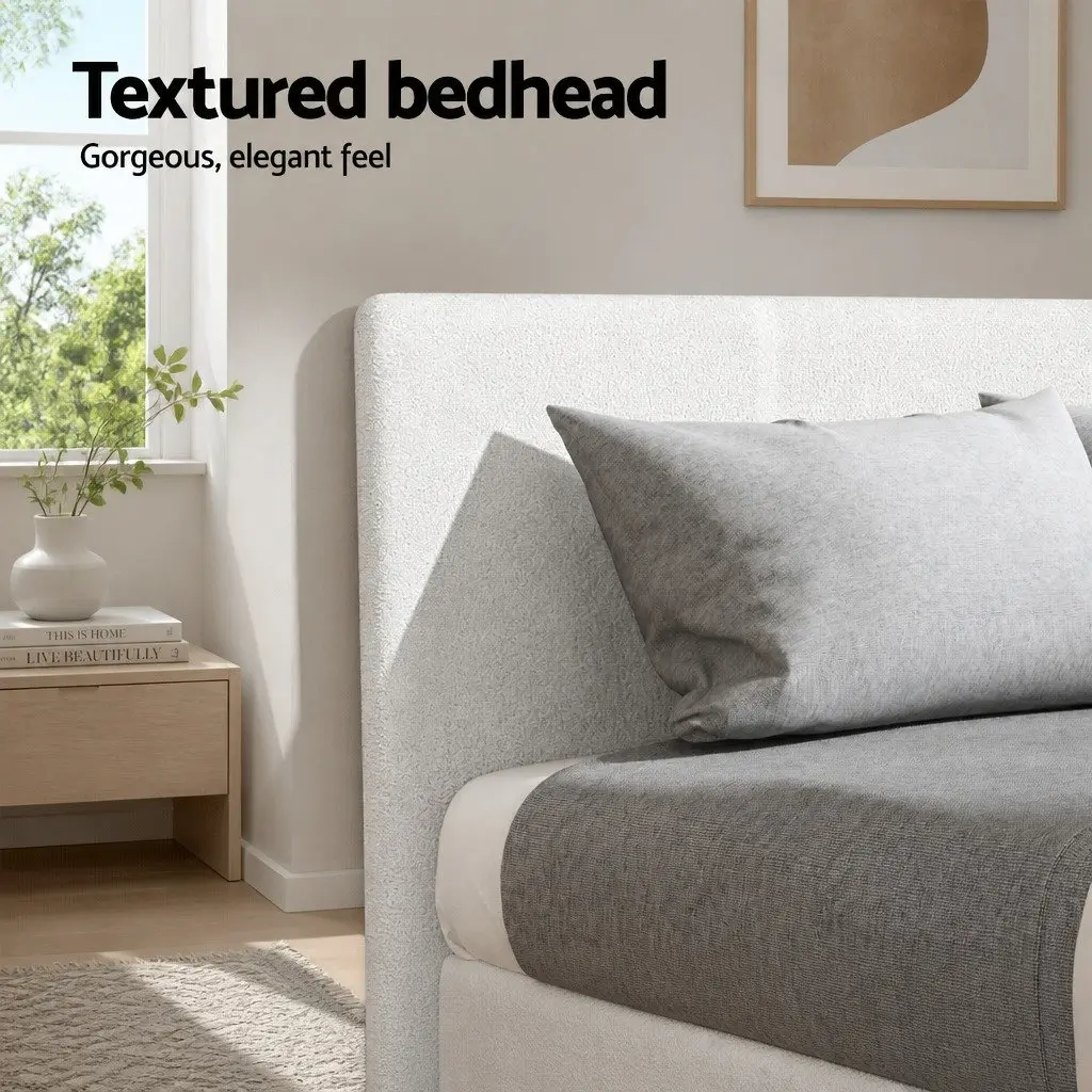 Single Bed Frame White Boucle Upholstered 202cm x 97cm x 89cm
