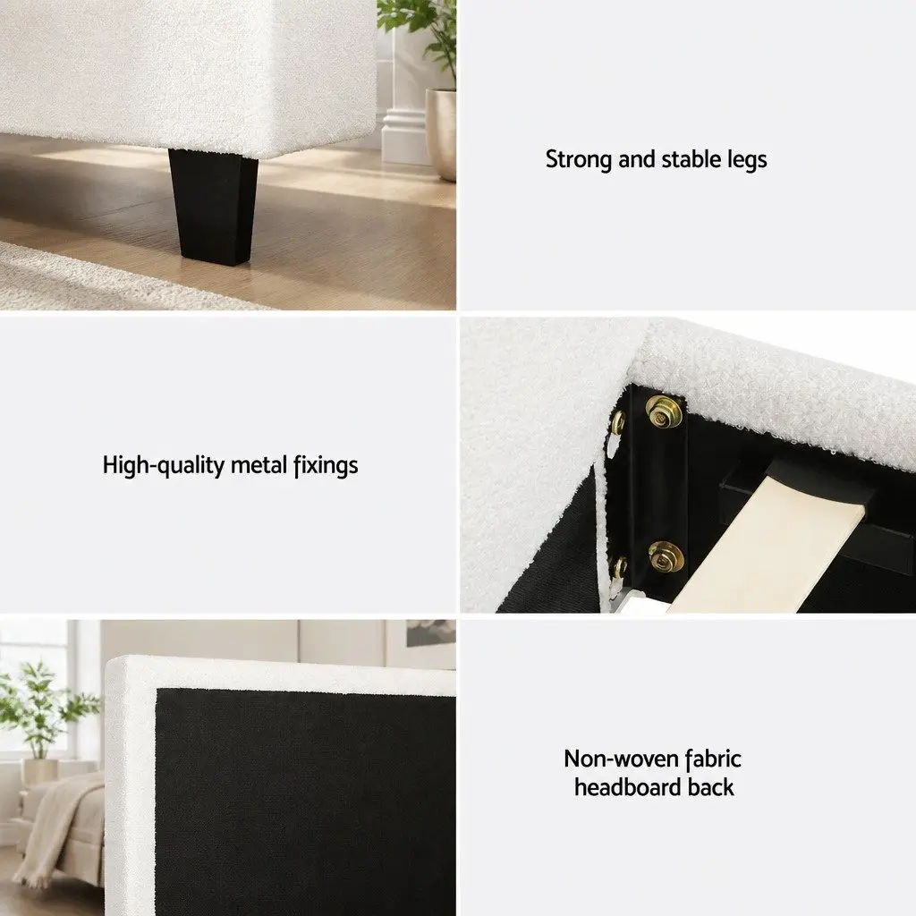 Single Bed Frame White Boucle Upholstered 202cm x 97cm x 89cm