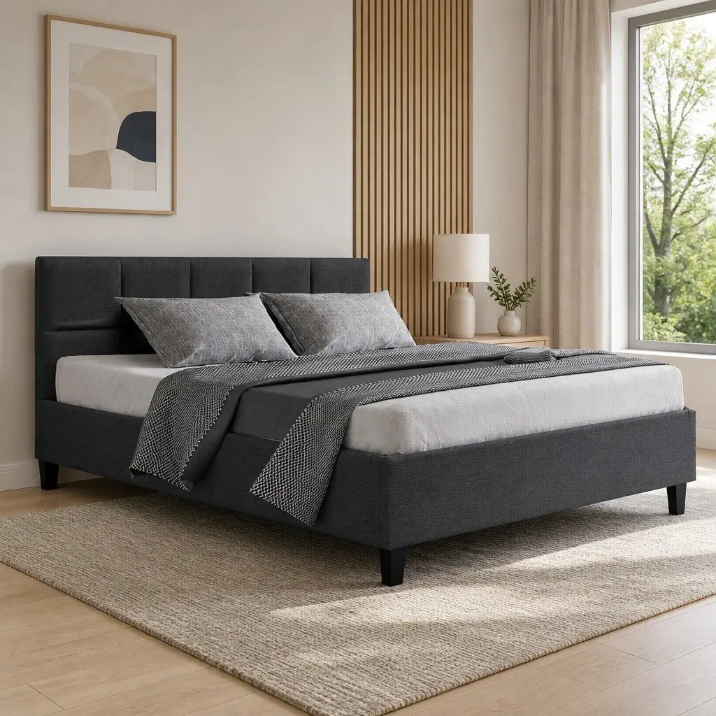 Queen Size Bed Frame Charcoal Upholstered Bedroom Furniture with Wooden Slat
