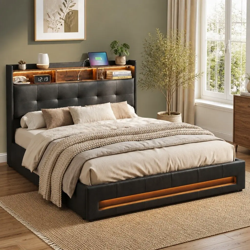 Double Bed Frame Gas Lift Storage with LED Lights Charging Station Black 145W x 208L x 119H cm