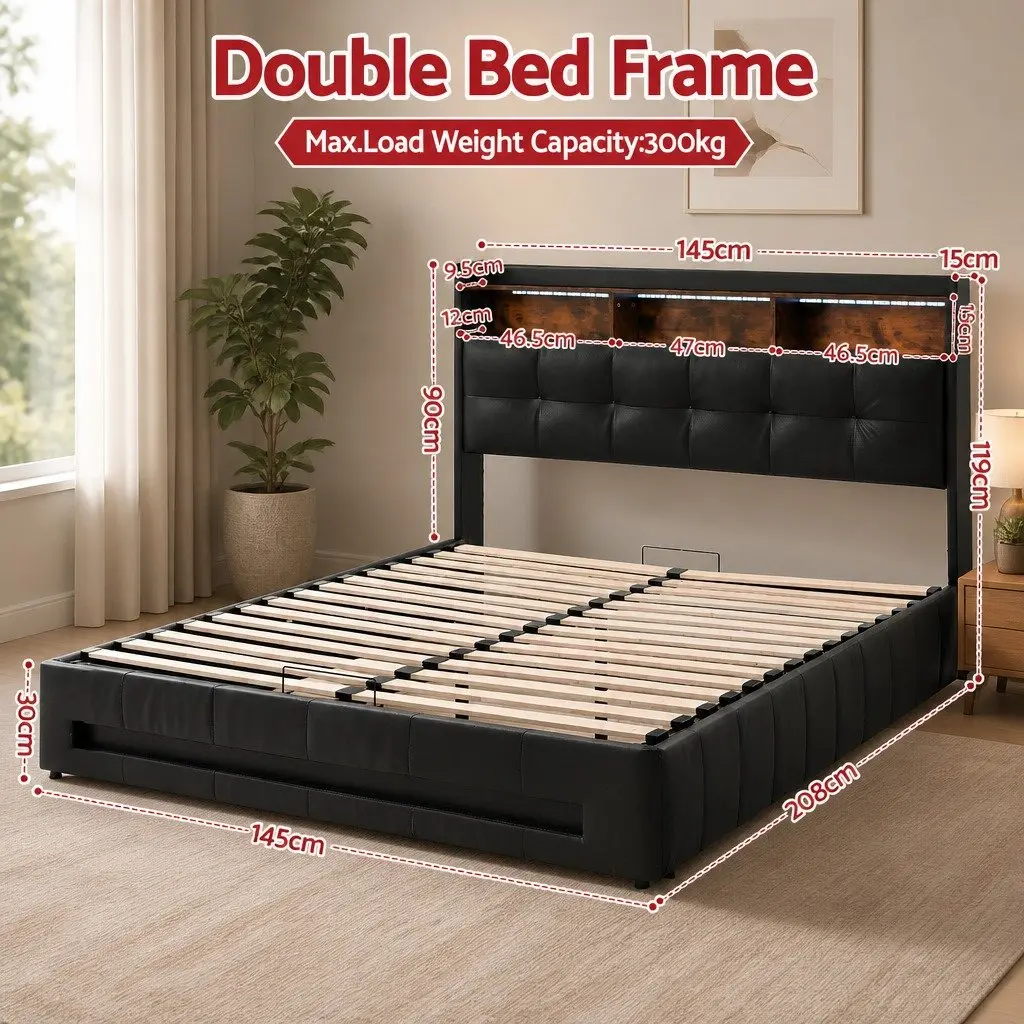 Double Bed Frame Gas Lift Storage with LED Lights Charging Station Black 145W x 208L x 119H cm