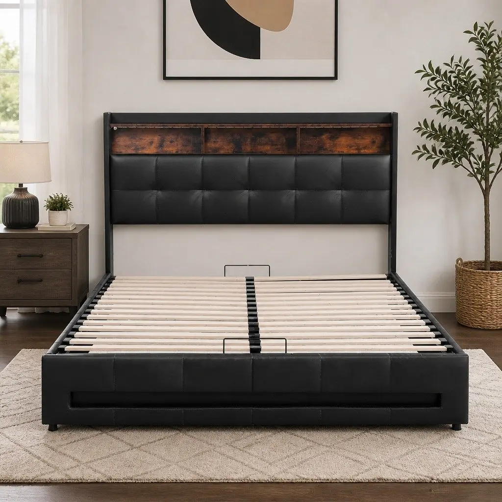 Double Bed Frame Gas Lift Storage with LED Lights Charging Station Black 145W x 208L x 119H cm