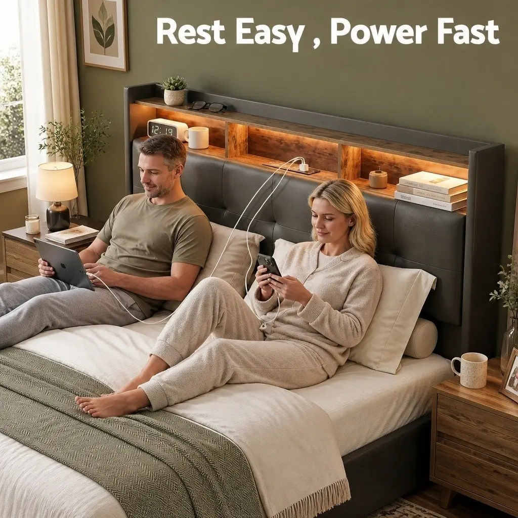 Double Bed Frame Gas Lift Storage with LED Lights Charging Station Black 145W x 208L x 119H cm