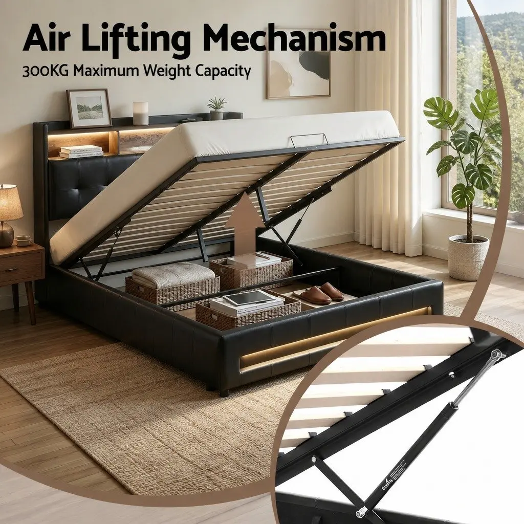 Double Bed Frame Gas Lift Storage with LED Lights Charging Station Black 145W x 208L x 119H cm