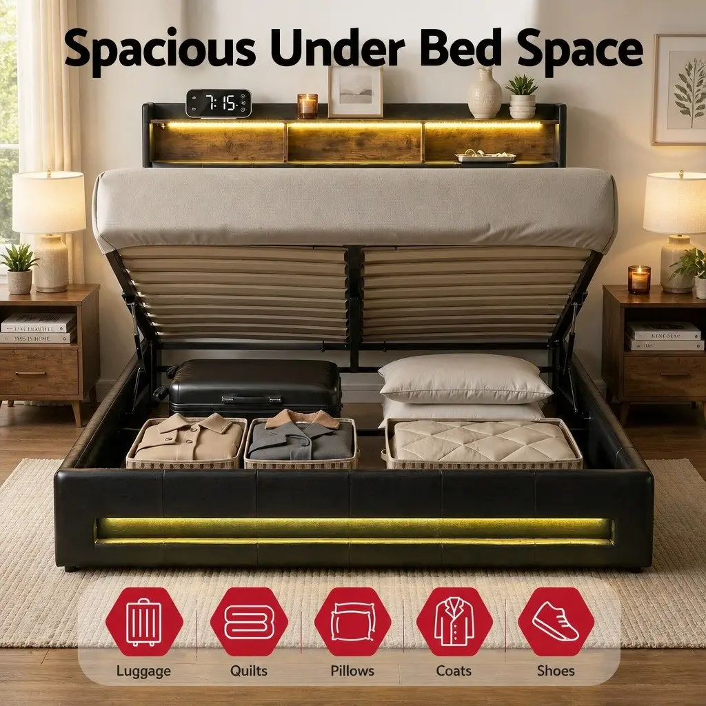 Double Bed Frame Gas Lift Storage with LED Lights Charging Station Black 145W x 208L x 119H cm