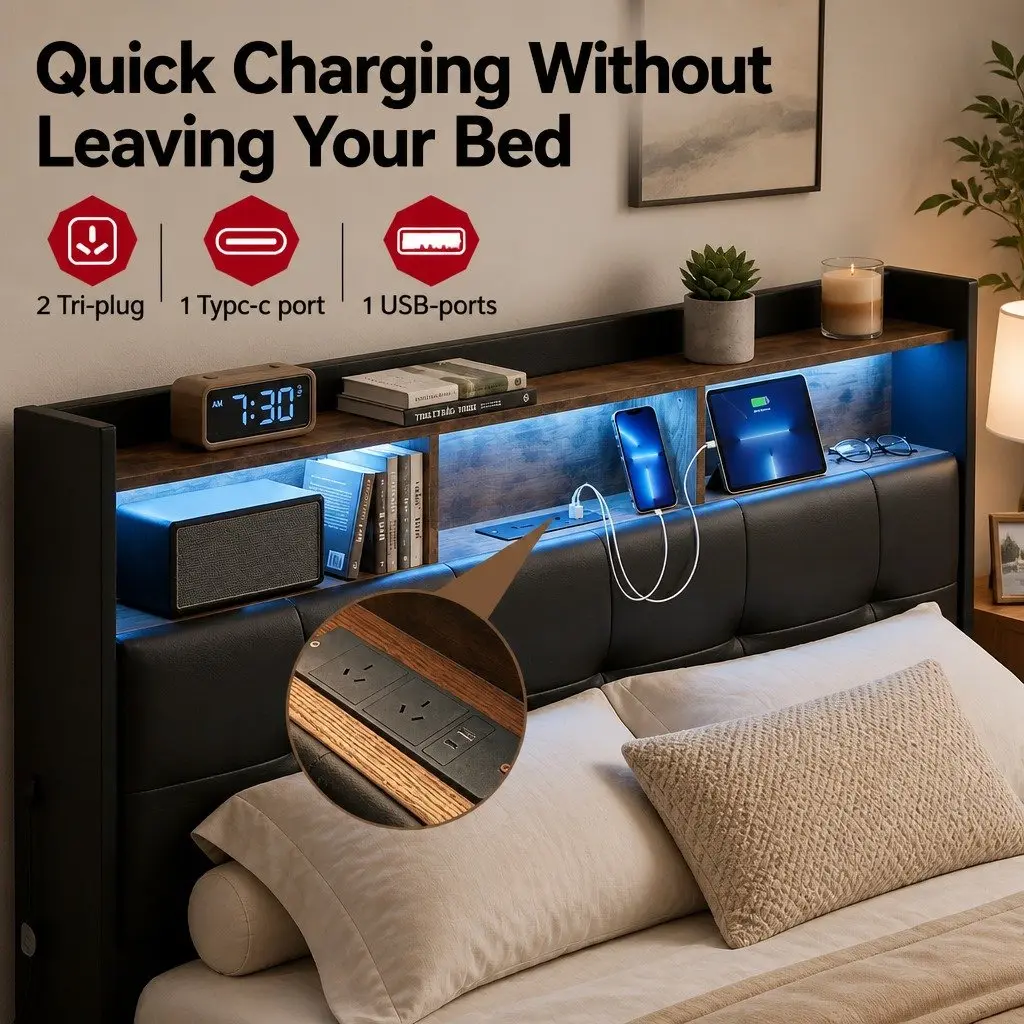 Double Bed Frame Gas Lift Storage with LED Lights Charging Station Black 145W x 208L x 119H cm