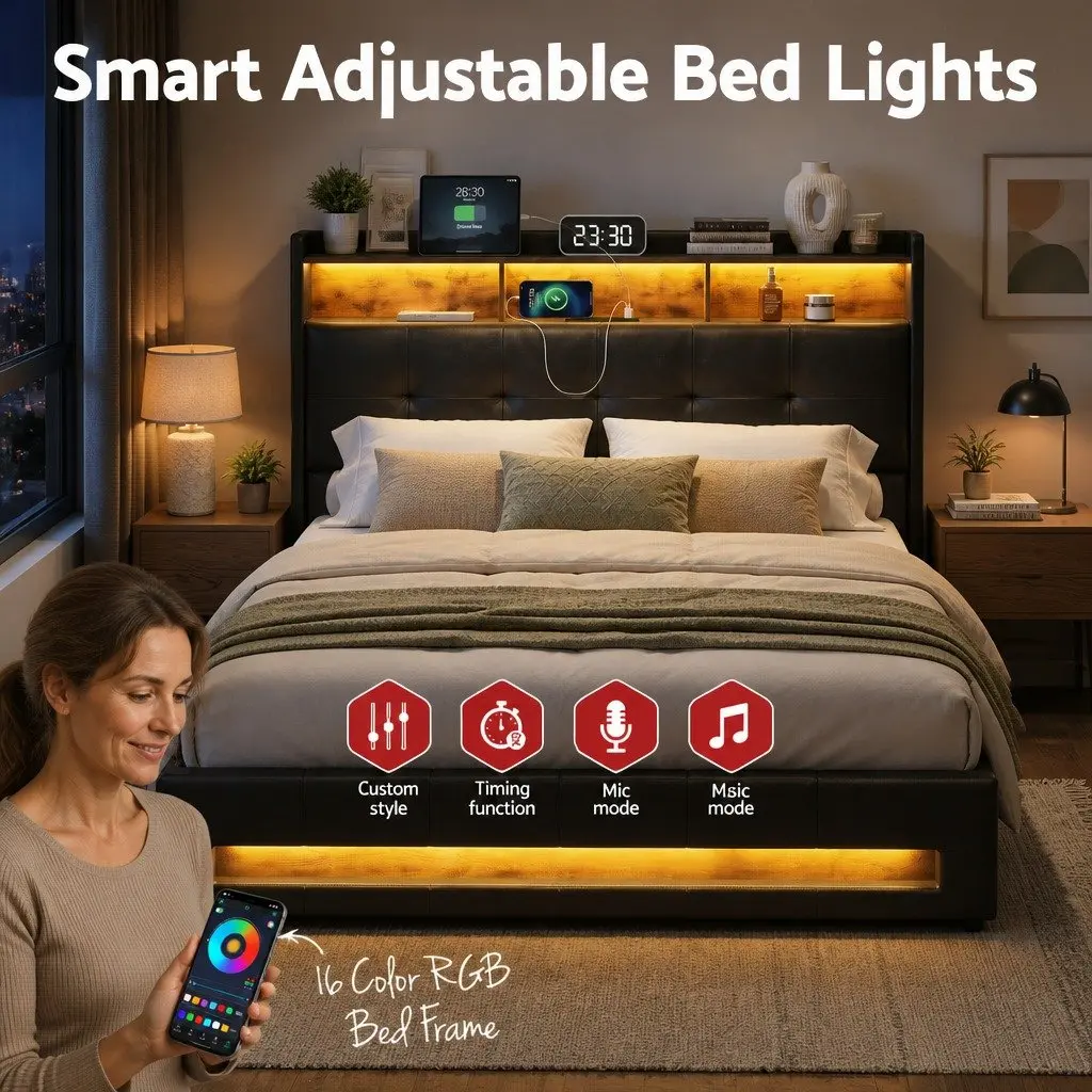 Double Bed Frame Gas Lift Storage with LED Lights Charging Station Black 145W x 208L x 119H cm