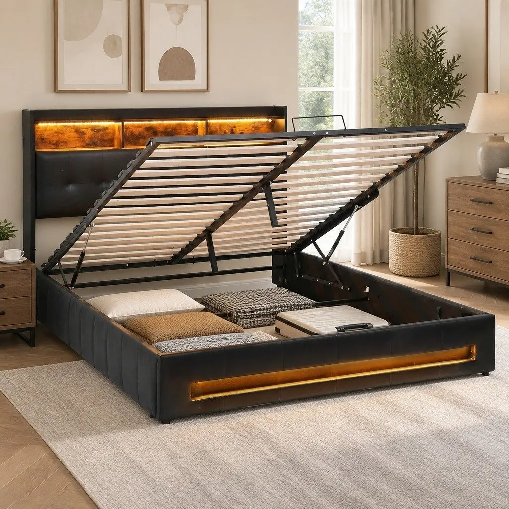 Double Bed Frame Gas Lift Storage with LED Lights Charging Station Black 145W x 208L x 119H cm