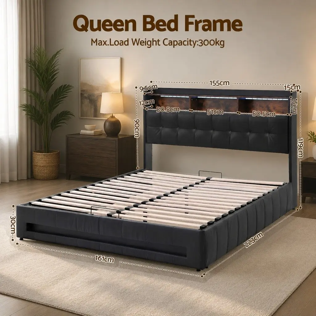 Queen Bed Frame Gas Lift Storage LED Lights Charging Station Black 161W x 223L x 119H cm