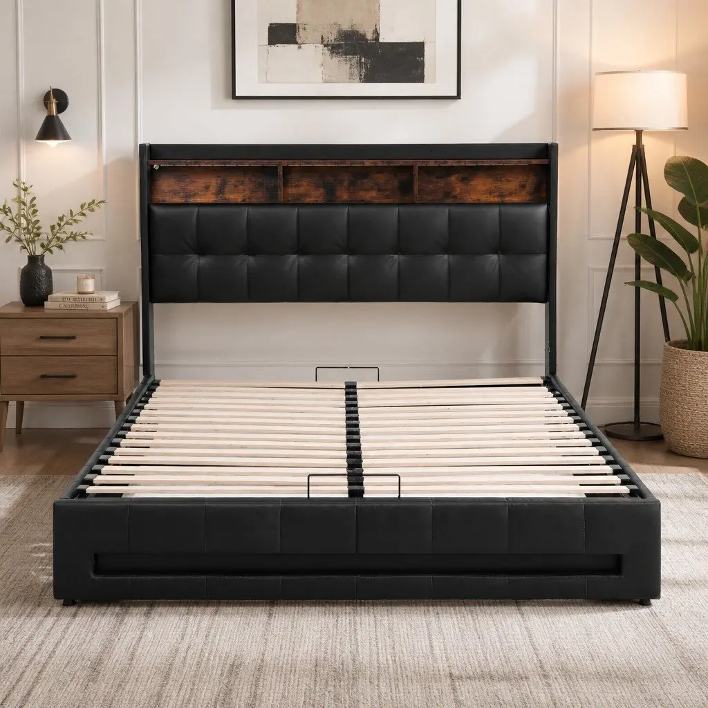 Queen Bed Frame Gas Lift Storage LED Lights Charging Station Black 161W x 223L x 119H cm