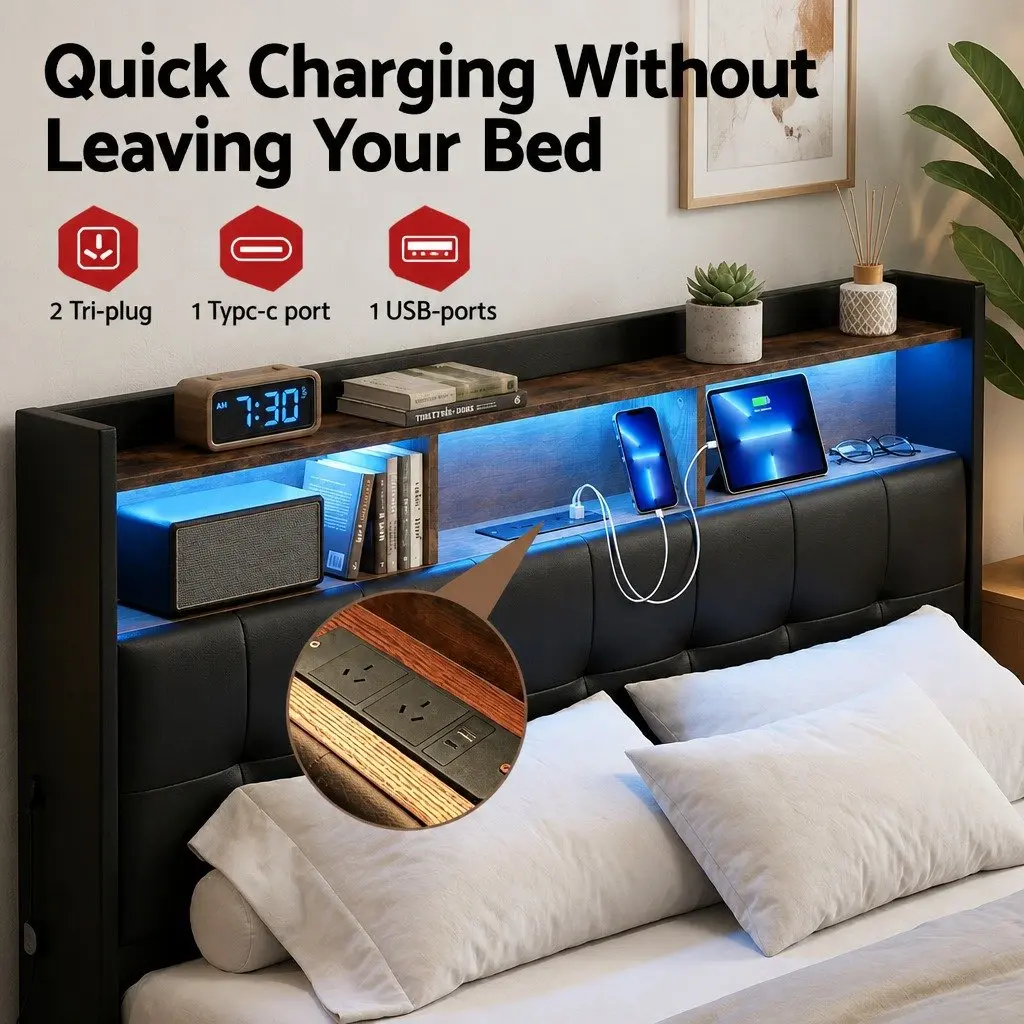 Queen Bed Frame Gas Lift Storage LED Lights Charging Station Black 161W x 223L x 119H cm