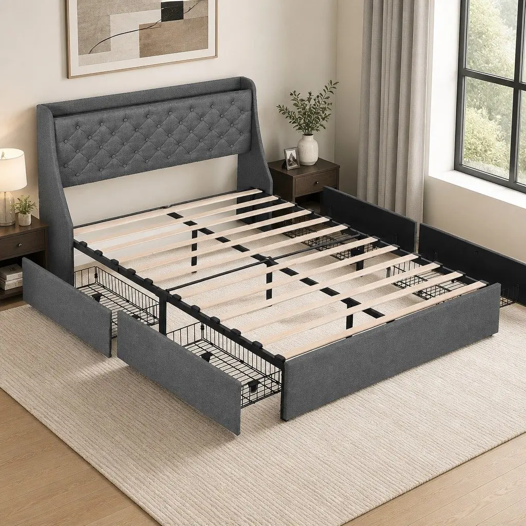 Double Bed Frame with 4 Storage Drawers Tufted Wingback Headboard Charging