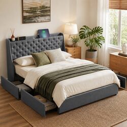 Queen Bed Frame with 4 Storage Drawers Tufted Wingback Headboard Charging