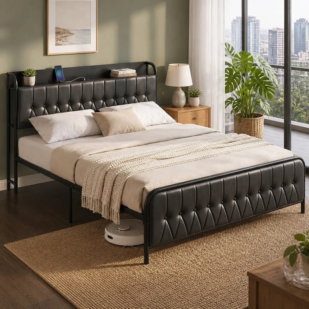 King Bed Frame with Storage and Charging