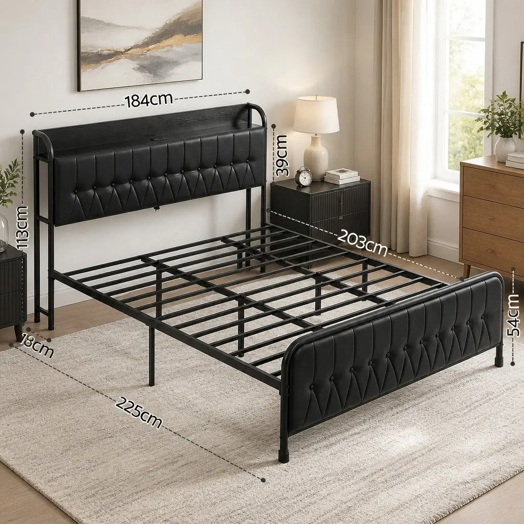 King Bed Frame Upholstered with Storage Headboard and Charging Station Black 184W x 225L x 113H cm