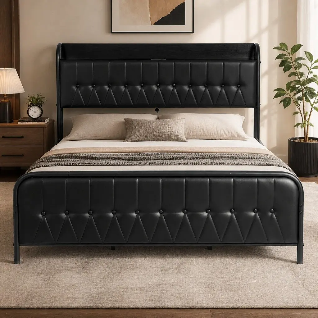 King Bed Frame Upholstered with Storage Headboard and Charging Station Black 184W x 225L x 113H cm