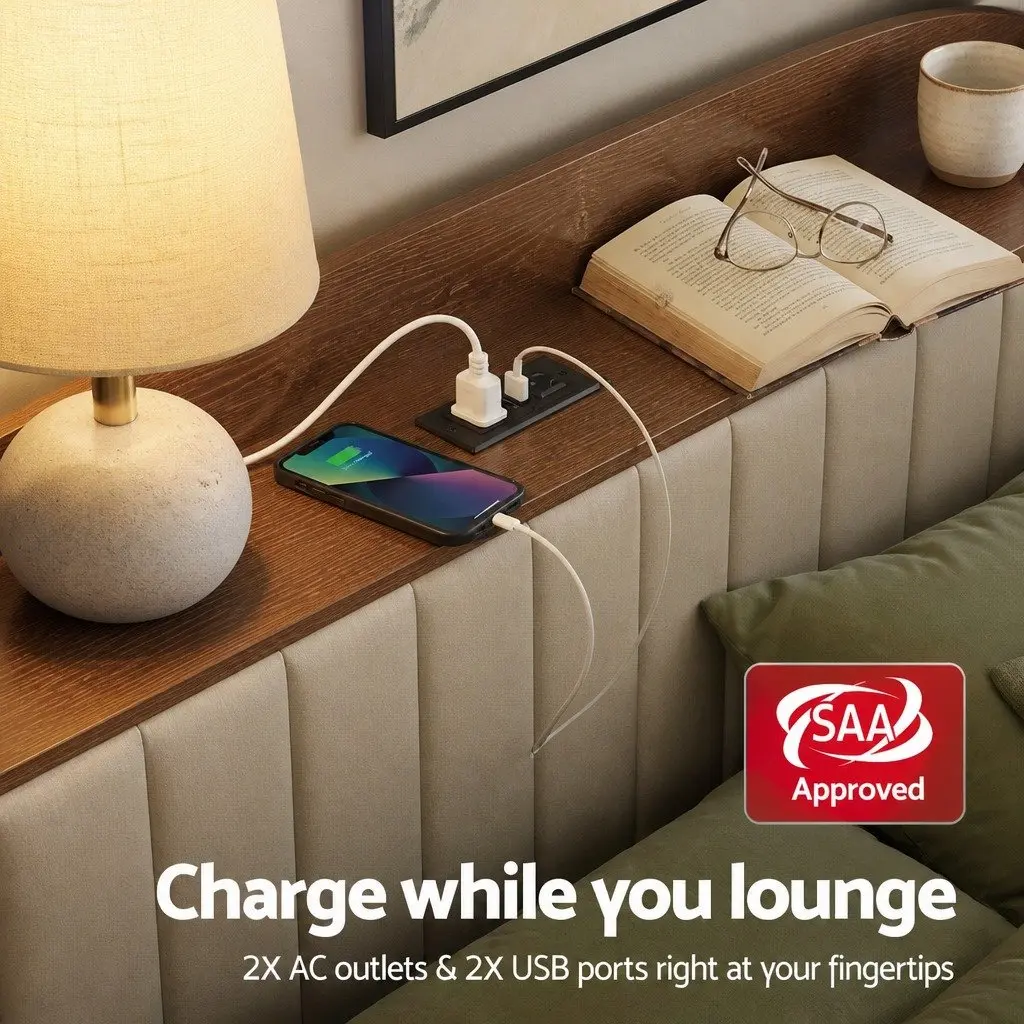 King Bed Frame Upholstered with Storage Headboard and Charging Station Black 184W x 225L x 113H cm