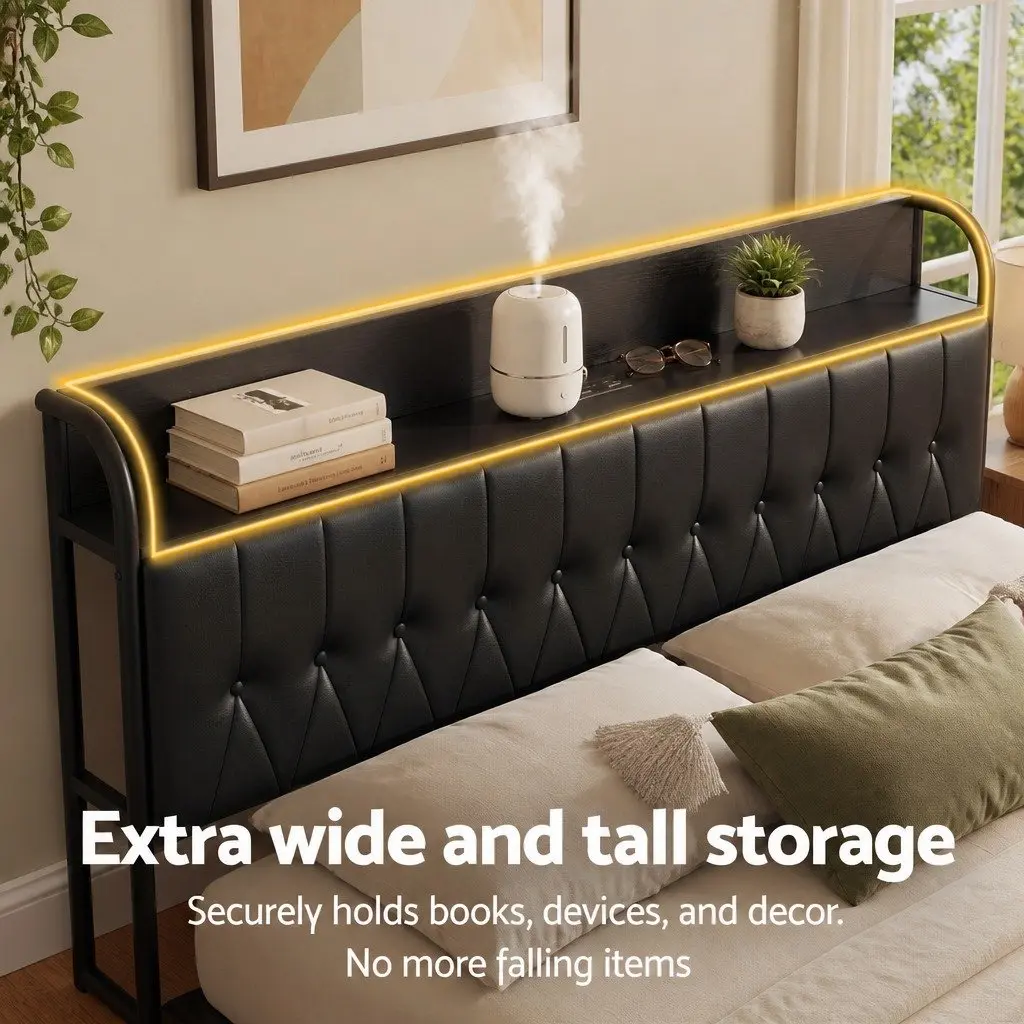 King Bed Frame Upholstered with Storage Headboard and Charging Station Black 184W x 225L x 113H cm