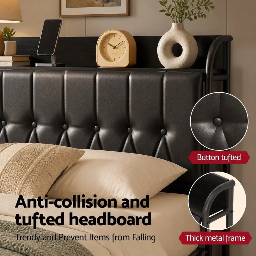 King Bed Frame Upholstered with Storage Headboard and Charging Station Black 184W x 225L x 113H cm