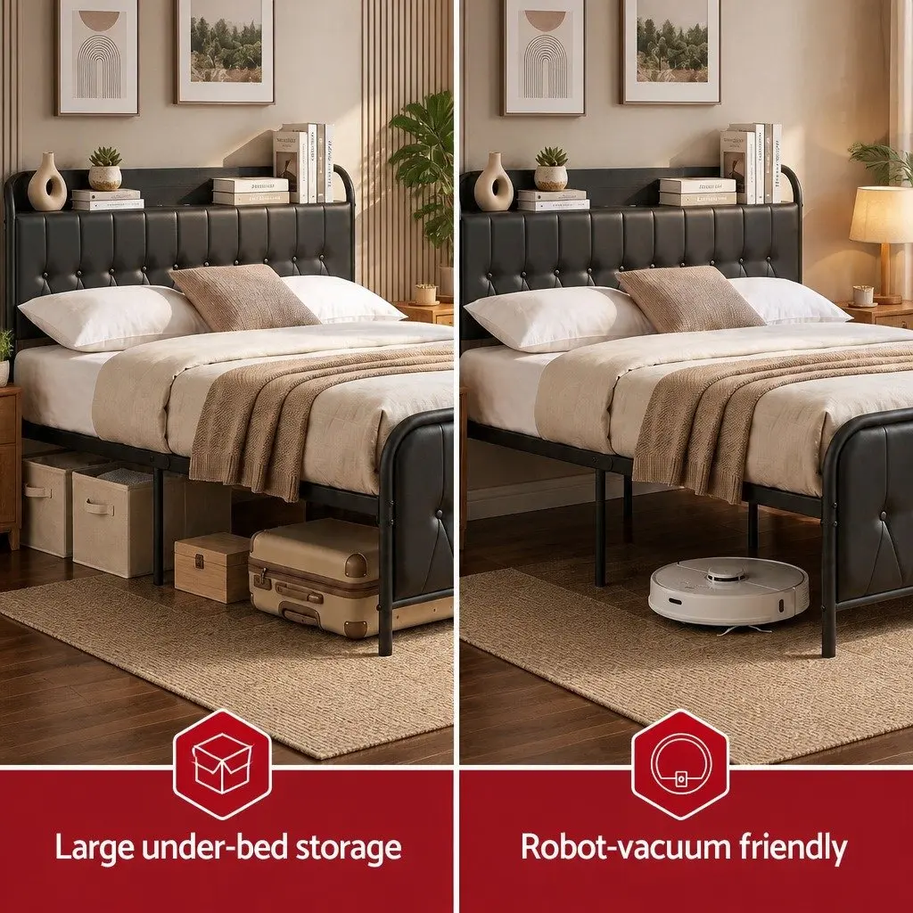 King Bed Frame Upholstered with Storage Headboard and Charging Station Black 184W x 225L x 113H cm
