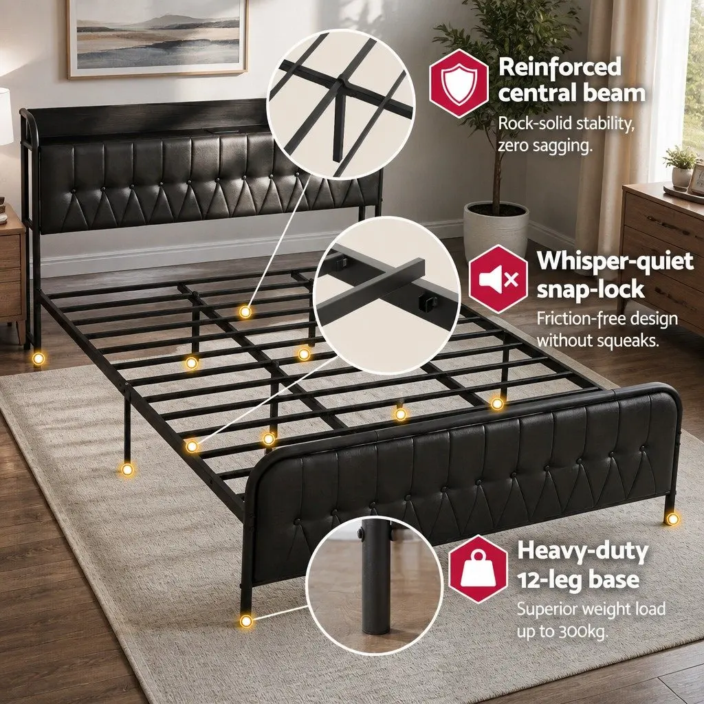 King Bed Frame Upholstered with Storage Headboard and Charging Station Black 184W x 225L x 113H cm