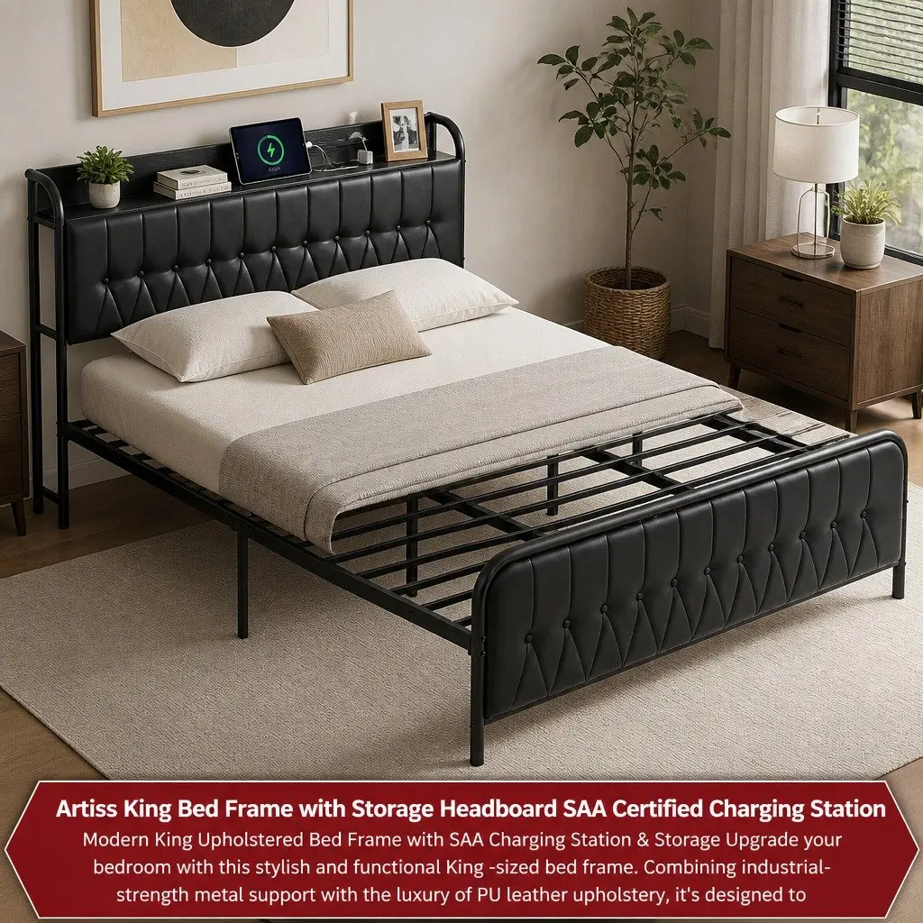King Bed Frame Upholstered with Storage Headboard and Charging Station Black 184W x 225L x 113H cm