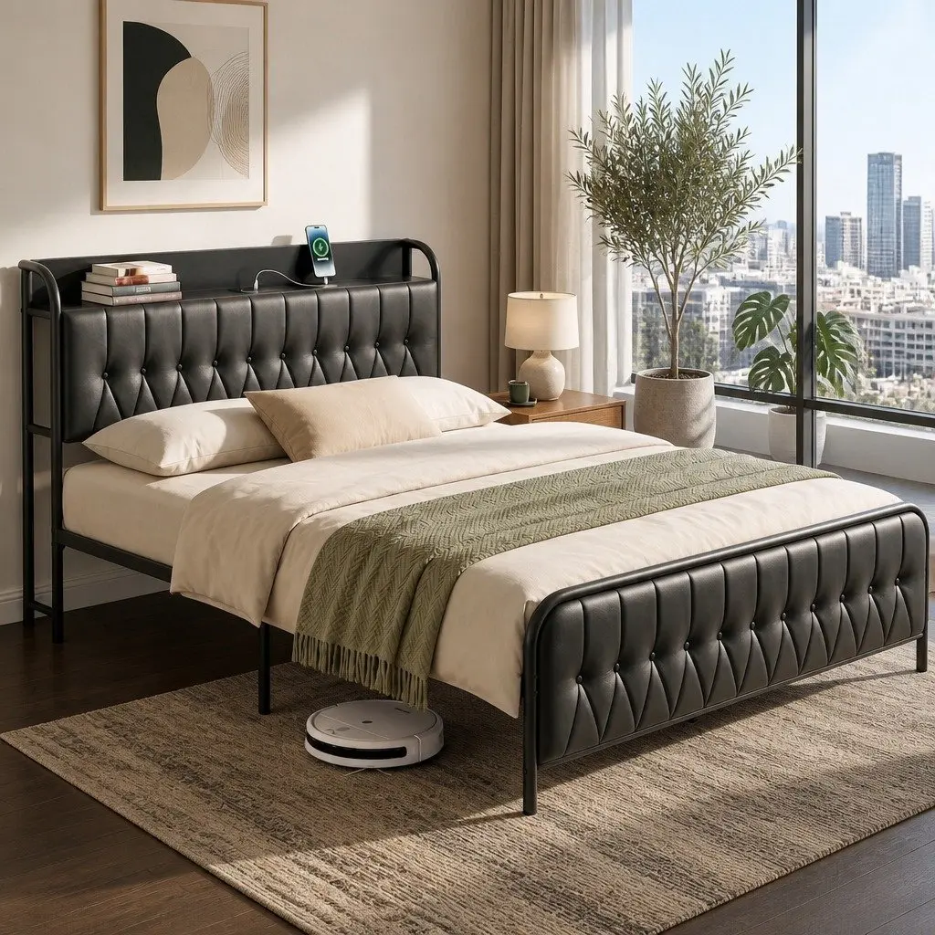 Queen Bed Frame Black Upholstered with Storage Headboard and Charging Station 154W x 225L x 113H cm